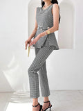 Huidianyin 2 Piece Elegant Women Plaid Set New Fashion Vintage Office Business Casual Slim Ruffles Top with Belt + Pencil Pants