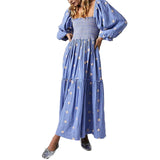 Huidianyin Women s Flower Embroidered Maxi Dress Lantern Sleeve Square Neck Tiered Flowy Spring Fall Dress