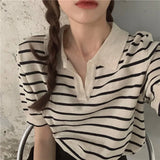 Huidianyin Women's Knitted Short Sleeve Top T-shirt Loose French Stripe Shirt