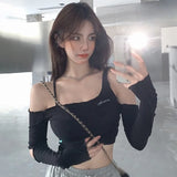 Huidianyin Shoulder Crop Top Autumn Women Sexy Hollow Out Long Sleeve Tee Shirt Slim Skinny Ribbed Knitted T-shirt Irregular Tops