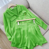 Huidianyin Shirt Two Piece Set For Women Summer Shorts 2 Piece Sets Suits Solid Color Long Sleeve Shirt Short Casual Outfits Female