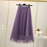 Huidianyin Women Elegant Solid Tulle Skirt Fashion Korean Mesh Pleated A Line Skirt Lady Summer Chic High Waist All-Match Party Midi Skirts