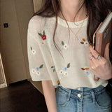 Huidianyin Knitted T-shirts for Women Short Sleeve Sheer Flowers Embroidery Summer Thin Tender Tops All-match Clothing Casual Stylish