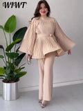 Huidianyin Flare Sleeve Pleated Top Pants Women Suit Elegant Solid O-neck A-line Blouse Female 2 Piece Sets 2024 Wide Leg Pant Outfit