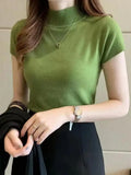 Huidianyin Women's Half-High Neck T-Shirt Fashion Jumper Casual Tops Korean Style Elegant Solid-Coloured Clothing Spring And Summer Season