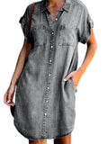 Huidianyin Women's Denim Shirt Dress Short Sleeve Button Pockets Distressed Jean Dress 2024 Spring Summer Loose Dresses Female 5XL