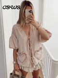 Huidianyin Lace Up Shirt Women Heart Packet Bow Hollow Out Half Sleeve V-neck Female Blouse 2024 Summer ashion Loose Lady Shirts