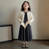 Huidianyin Autumn Kids Girls Beige Grey Simple Casual Patchwork Princess Elegant Long Sleeve Dresses Korean Style