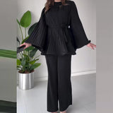 Huidianyin Flare Sleeve Pleated Top Pants Women Suit Elegant Solid O-neck A-line Blouse Female 2 Piece Sets 2024 Wide Leg Pant Outfit