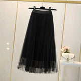 Huidianyin Women Elegant Solid Tulle Skirt Fashion Korean Mesh Pleated A Line Skirt Lady Summer Chic High Waist All-Match Party Midi Skirts