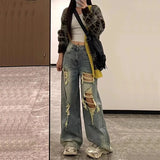 Huidianyin Vintage Ripped Denim Pants Baggy Streetwear American Jeans BF High Waist Hip Hop All-match Ins Tide Cowboy Trousers