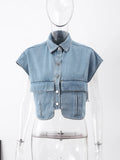 Huidianyin Double Pocket Denim Vest Loose Turn Down Collar Single-breasted Short Vests Female 2024 Autumn Y2K Sleeveless Streetwear