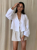 Huidianyin Linen Lace Up Bow Women's Shirts Solid Hollow Out V Neck Long Sleeve Blouses 2024 Spring Fashion Lady Streetwear Tops