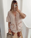 Huidianyin Lace Up Shirt Women Heart Packet Bow Hollow Out Half Sleeve V-neck Female Blouse 2024 Summer ashion Loose Lady Shirts