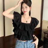 Huidianyin Sleeve Blouses Women Ruffles Sweet Summer Crop Tops Fashion Elegant Square Collar Female Holiday Korean Style All-match