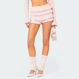 Huidianyin Women Hollow Out Crochet Knit Shorts Ruffled Layered Pleated Tiered Summer Fall Beach Music Festival Shorts