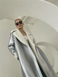 Huidianyin Faux Fur Leather Panelled Long Coat Women Elegant Turndown Collar Long Sleeve Metallic Coats Female Streetwear Overcoat