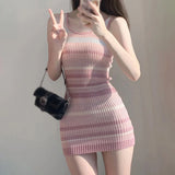 Huidianyin Sweet Women Rainbow Stripe Dress Knitted Slim Fit Short Wrapped Hip Dress