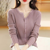 Huidianyin Women Spring Knitted Cardigan Round Neck Wool Warm Coat Fashion Simple Versatile Solid Color Sweater Simple Top