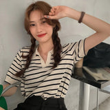 Huidianyin Women's Knitted Short Sleeve Top T-shirt Loose French Stripe Shirt