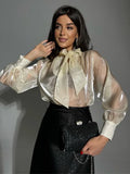 Huidianyin Women Blouses Shirts 2024 Summer Chiffon See Throught Office Ladies Blouse Fashion Puff Sleeve Lace Up Shirts Tops Black