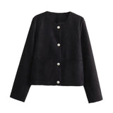 Huidianyin Women Camel Tweed Jacket 2024 Autumn Long Sleeve Button Frayed Cropped Jacket Female Fashion O-neck Pocket Short Coats