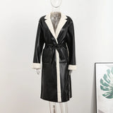 Huidianyin Faux Fur Leather Panelled Long Coat Women Elegant Turndown Collar Long Sleeve Metallic Coats Female Streetwear Overcoat