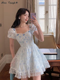 Huidianyin Lace Korean Sweet Dress Women France Vintage Elegant Party Mini Dresses Female Print Casual Beach Boho Fairy Dress Summer