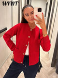 Huidianyin Red Knit Women Cardigan 2024 Autumn Elegant O-neck Long Sleeve Single Breasted Sweater Fashion Office Lady Pocket Coat