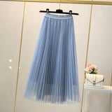 Huidianyin Women Elegant Solid Tulle Skirt Fashion Korean Mesh Pleated A Line Skirt Lady Summer Chic High Waist All-Match Party Midi Skirts