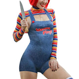 Huidianyin Women's 2 Pcs Halloween Costumes Scary Nightmare Killer Doll Wanna Play Movie Character Dress Chucky Doll Costume Sets