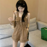 Huidianyin Denim Overalls Shorts Women Fashion Pocket Suspender Denim Jumpsuit Female High Waist Crimping Cargo Wide Leg Shorts