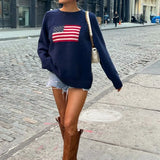 Huidianyin Women Flag Sweaters Casual Long Sleeve Crew Neck Loose Fit Knit Pullover Jumper Y2k Aesthetic Harajuku Autumn Tops