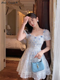 Huidianyin Lace Korean Sweet Dress Women France Vintage Elegant Party Mini Dresses Female Print Casual Beach Boho Fairy Dress Summer