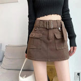 Huidianyin High Waist Cargo Skirts Women Fashion Korean Chic with Belt Short Culotte Skirts Female Pocket Streetwear Jean Mini Skirts