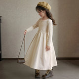 Huidianyin Autumn Kids Girls Beige Grey Simple Casual Patchwork Princess Elegant Long Sleeve Dresses Korean Style