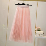 Huidianyin Women Elegant Solid Tulle Skirt Fashion Korean Mesh Pleated A Line Skirt Lady Summer Chic High Waist All-Match Party Midi Skirts