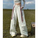 Huidianyin Women Streetwear Sweatpants American Retro Striped Loose Wide Leg Pants Casual Female Large Pocket Cargo Trousers New