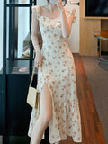 Huidianyin Sleeve Floral Dress Women Elegant Side-slit Ruffles Vintage Summer Midi Streetwear French Style Sexy Ulzzang Dating 2024