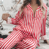 Huidianyin Christmas Women Striped Pajamas Set Long Sleeve Satin Shirt Top Elastic Wide Loose Pants 2 Piece Lounge Sleepwear