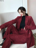 Huidianyin Corduroy Burgundy Blazer Suits Women's Long Sleeve Jacket Wide Leg Pants 2 Piece Set Mini Skirt Outfits Autumn Clothes