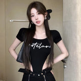 Huidianyin Bodysuit Letter Graphic Printed Short Sleeve summer T Shirt grunge aesthetic y2k high street