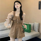 Huidianyin Denim Overalls Shorts Women Fashion Pocket Suspender Denim Jumpsuit Female High Waist Crimping Cargo Wide Leg Shorts