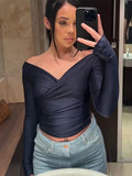 Huidianyin Folds Deep V Neck Shirts For Women Trendy Summer Casual Long Sleeve Tees Women's Sexy Streetwear Clubwear Woman 2024 New