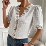 huidianyin Summer Lace Chiffon Blouse V-neck Fashion Shirts Women 2023 Casual Short Sleeve Tops Ladies Loose Floral Clothes 25713 0409