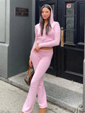 Huidianyin Women Spring Outfits Casual Zipper Sweater Hoodie Set High Waist Flare Pants Suits Pink Knitted Womens Y2k Two Piece Set