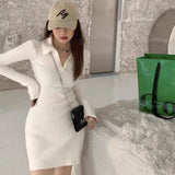 Huidianyin Mini Dress Long-sleeves Solid Simple Knitting Hotsweet Girls All-match Basic Streetwear Vintage Bodycon Slim Trendy Cozy