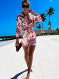 Huidianyin Women's Shirt Sets Fashion Printed Summer Long Sleeve Shirt + Shorts 2 Pieces Set 2024 Lady Vintage Holiday Beach Casual Outfits