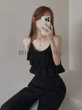 Huidianyin Casual Loose Sling 2 Piece Set Women Korean Elegant Flounce Off Shoulder Tops Female + Elastic Waist Wide Leg Pants New