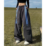 Huidianyin Women Streetwear Sweatpants American Retro Striped Loose Wide Leg Pants Casual Female Large Pocket Cargo Trousers New